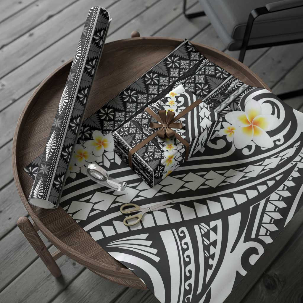 Black Vintage Tonga Ngatu Pattern With Plumeria Wrapping Paper LT05 - Polynesian Pride