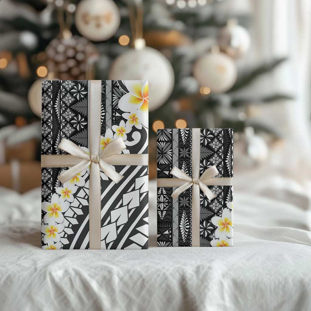 Black Vintage Tonga Ngatu Pattern With Plumeria Wrapping Paper LT05 - Polynesian Pride