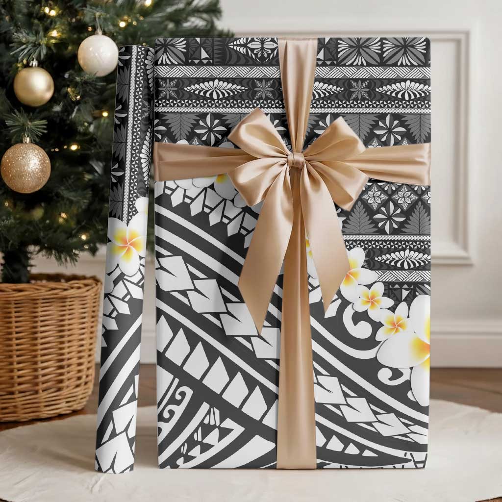 Black Vintage Tonga Ngatu Pattern With Plumeria Wrapping Paper LT05 - Polynesian Pride