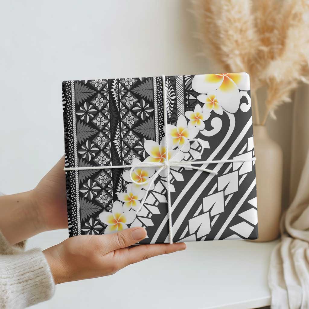 Black Vintage Tonga Ngatu Pattern With Plumeria Wrapping Paper LT05 - Polynesian Pride