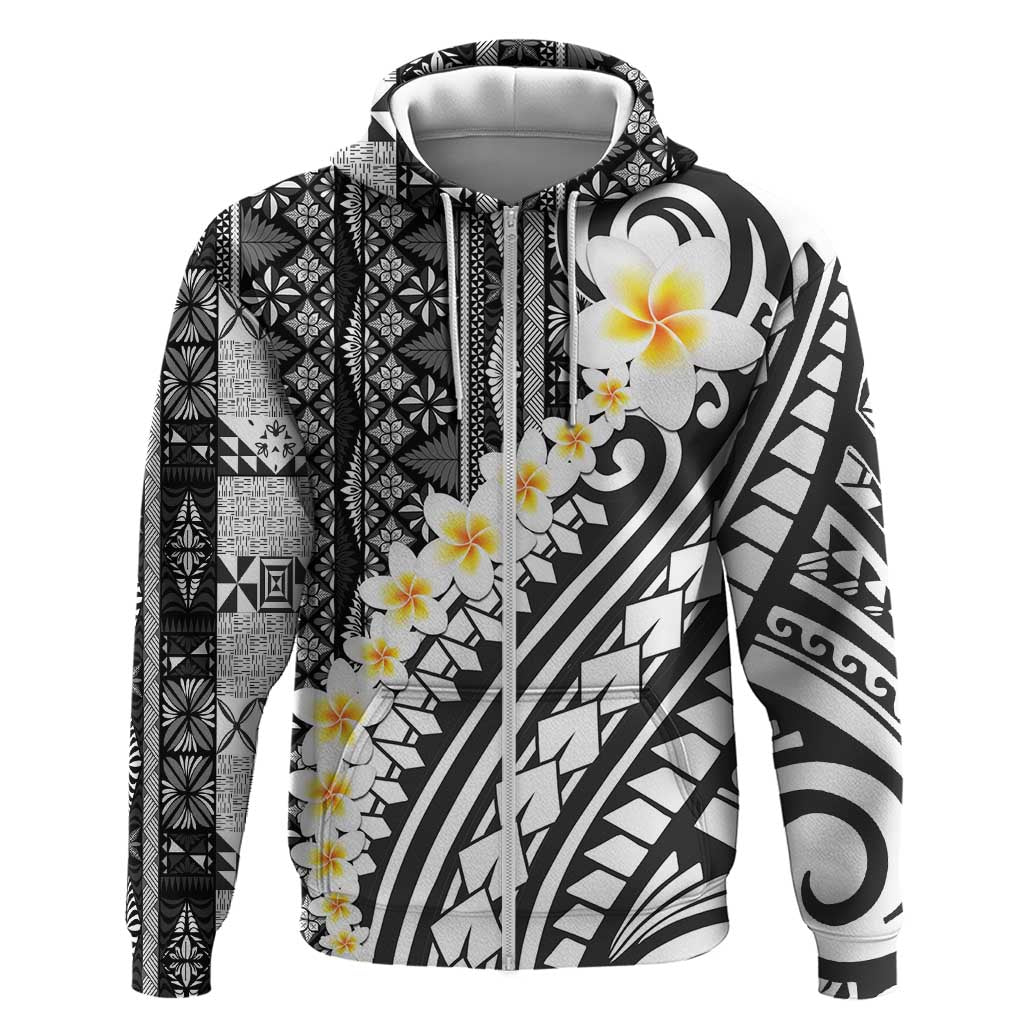 Black Vintage Tonga Ngatu Pattern With Plumeria Zip Hoodie LT05 Zip Hoodie Black - Polynesian Pride