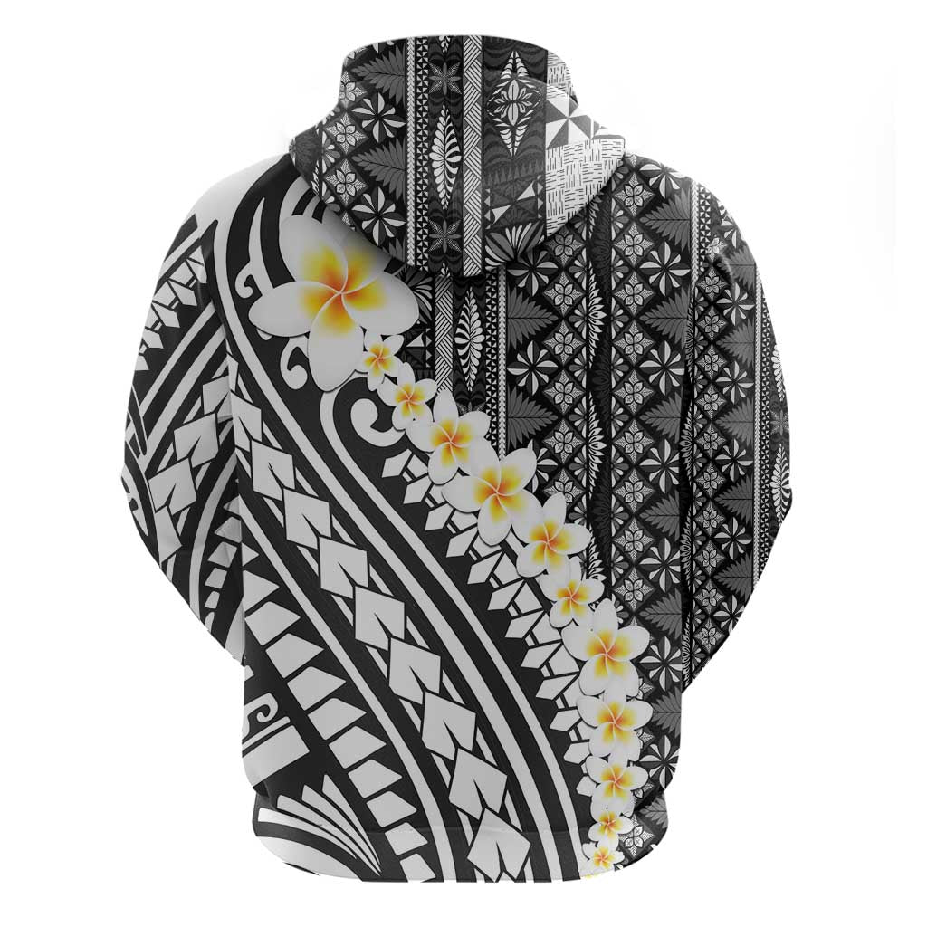 Black Vintage Tonga Ngatu Pattern With Plumeria Zip Hoodie LT05 - Polynesian Pride