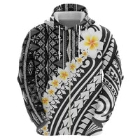 Black Vintage Tonga Ngatu Pattern With Plumeria Zip Hoodie LT05 - Polynesian Pride