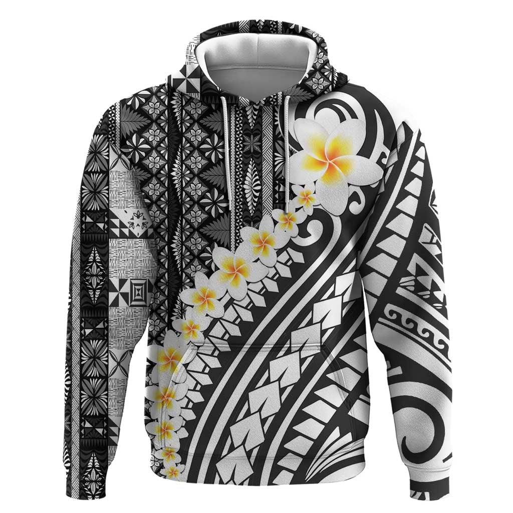 Black Vintage Tonga Ngatu Pattern With Plumeria Zip Hoodie LT05 Pullover Hoodie Black - Polynesian Pride