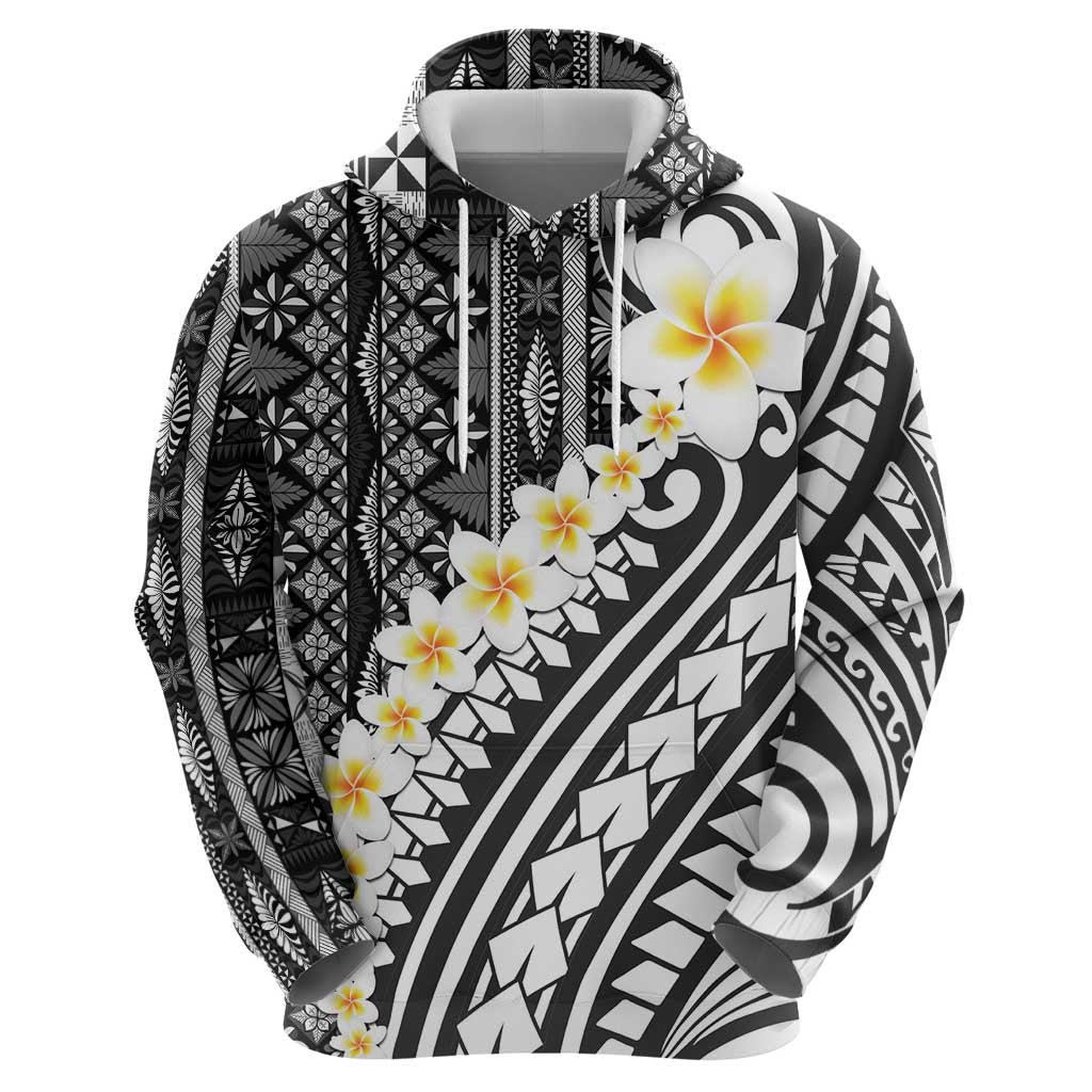Black Vintage Tonga Ngatu Pattern With Plumeria Zip Hoodie LT05 - Polynesian Pride