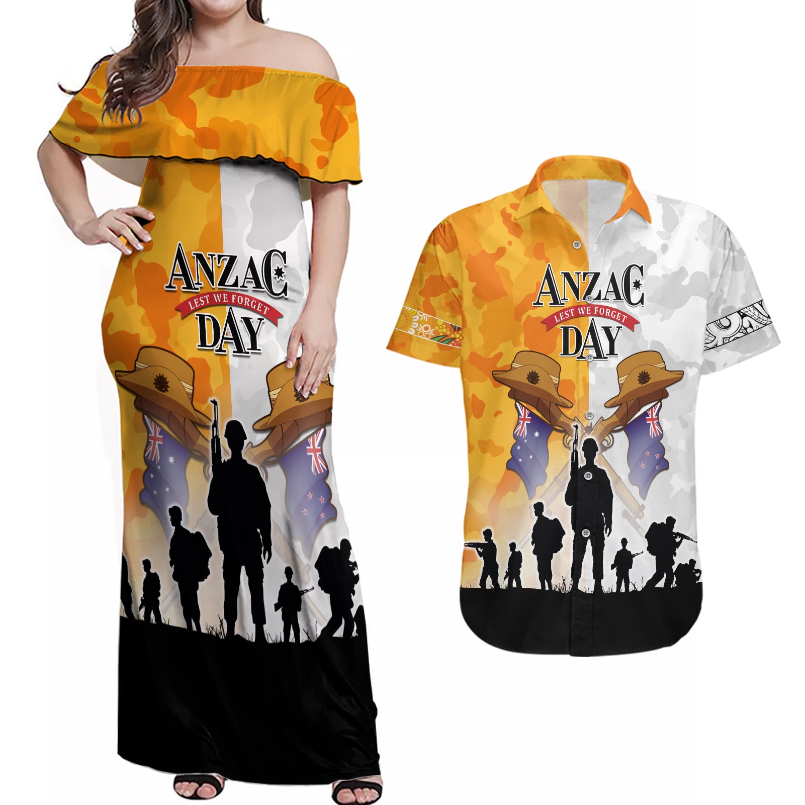 Australia And New Zealand ANZAC Day Couples Matching Off Shoulder Maxi Dress and Hawaiian Shirt Lest We Forget LT05 Yellow - Polynesian Pride