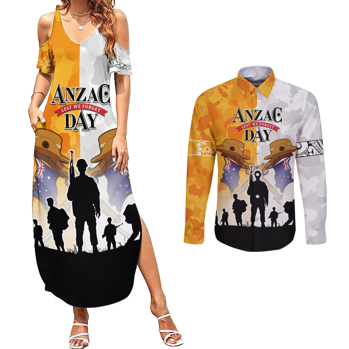 Australia And New Zealand ANZAC Day Couples Matching Summer Maxi Dress and Long Sleeve Button Shirt Lest We Forget LT05 Yellow - Polynesian Pride