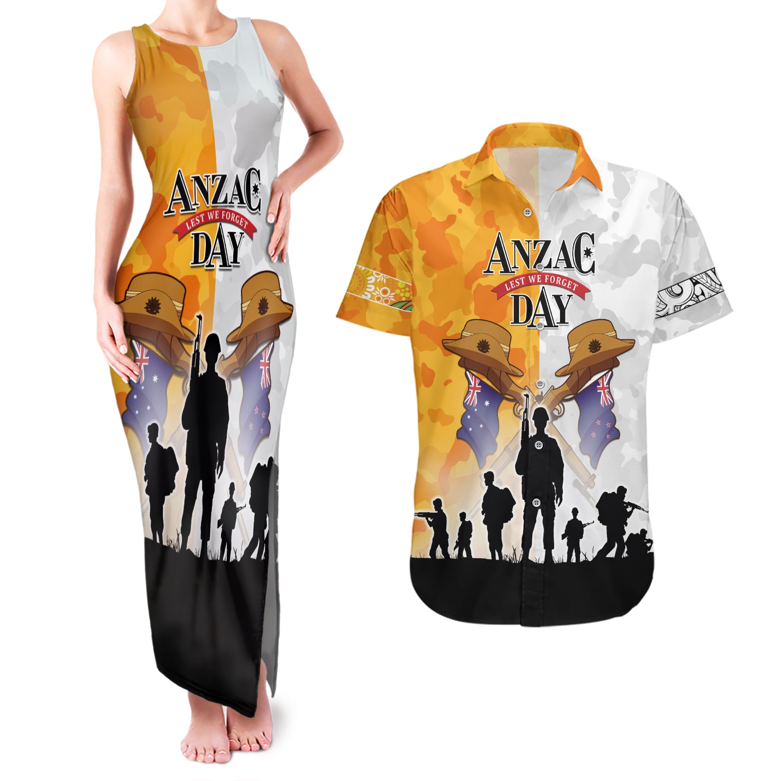 Australia And New Zealand ANZAC Day Couples Matching Tank Maxi Dress and Hawaiian Shirt Lest We Forget LT05 Yellow - Polynesian Pride