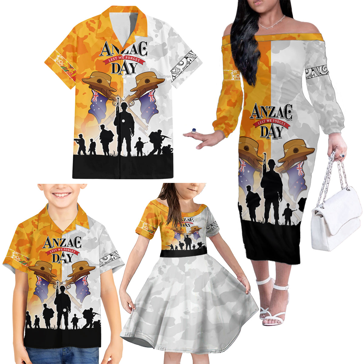 Australia And New Zealand ANZAC Day Family Matching Off Shoulder Long Sleeve Dress and Hawaiian Shirt Lest We Forget LT05 - Polynesian Pride