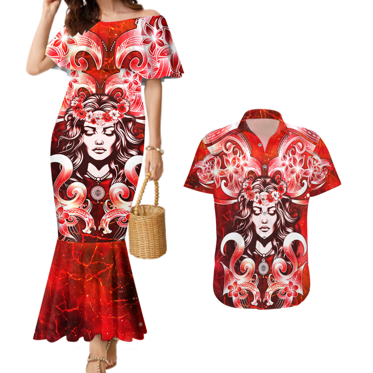 Hawaii Goddess Of Fire Madame Pele Couples Matching Mermaid Dress and Hawaiian Shirt Polynesian Style LT05 Red - Polynesian Pride