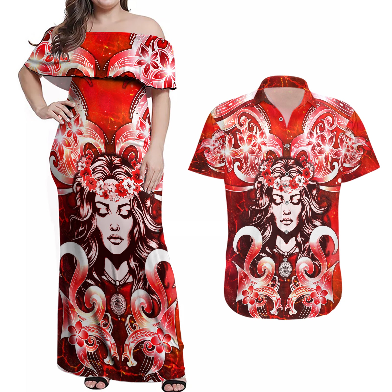 Hawaii Goddess Of Fire Madame Pele Couples Matching Off Shoulder Maxi Dress and Hawaiian Shirt Polynesian Style LT05 Red - Polynesian Pride