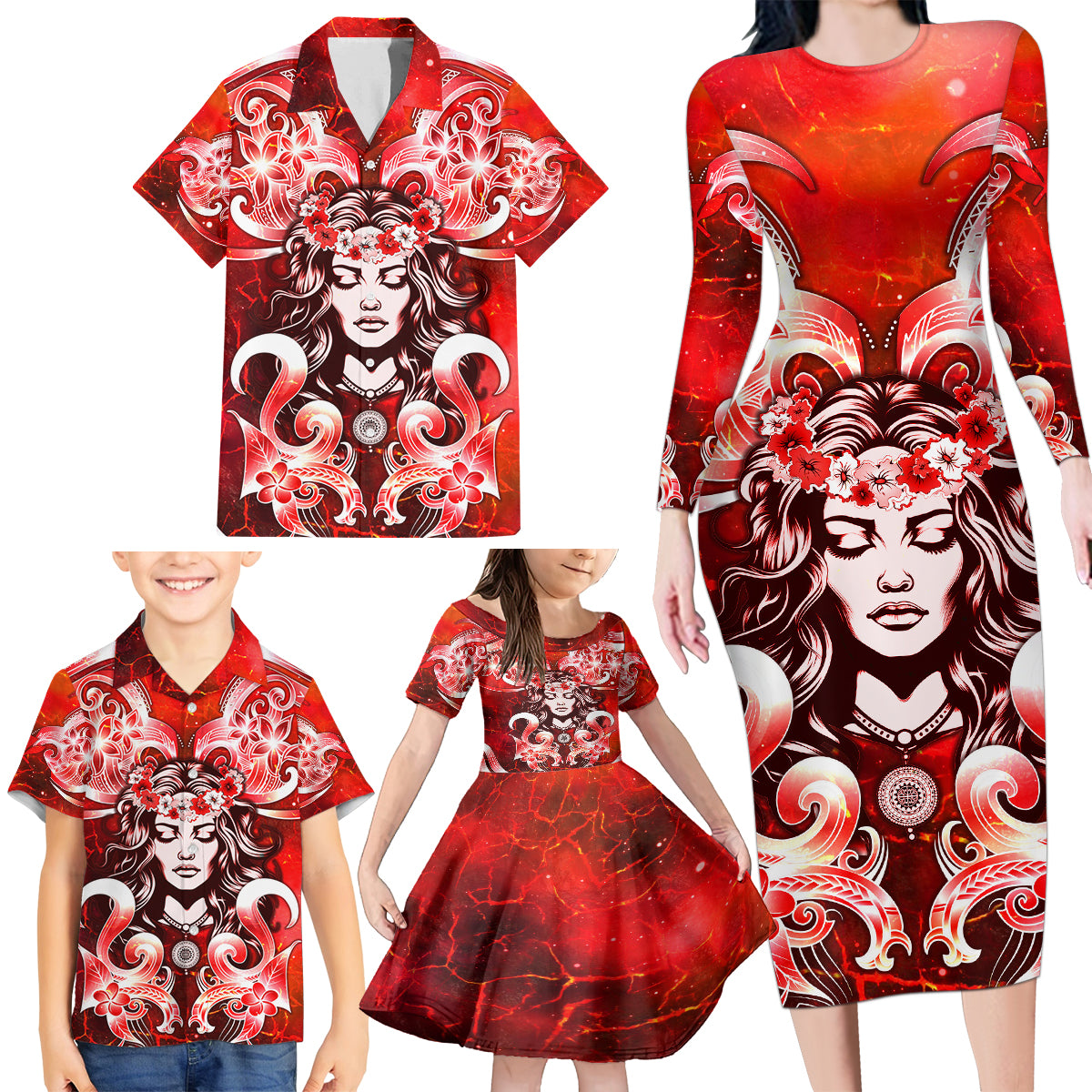 Hawaii Goddess Of Fire Madame Pele Family Matching Long Sleeve Bodycon Dress and Hawaiian Shirt Polynesian Style LT05 - Polynesian Pride