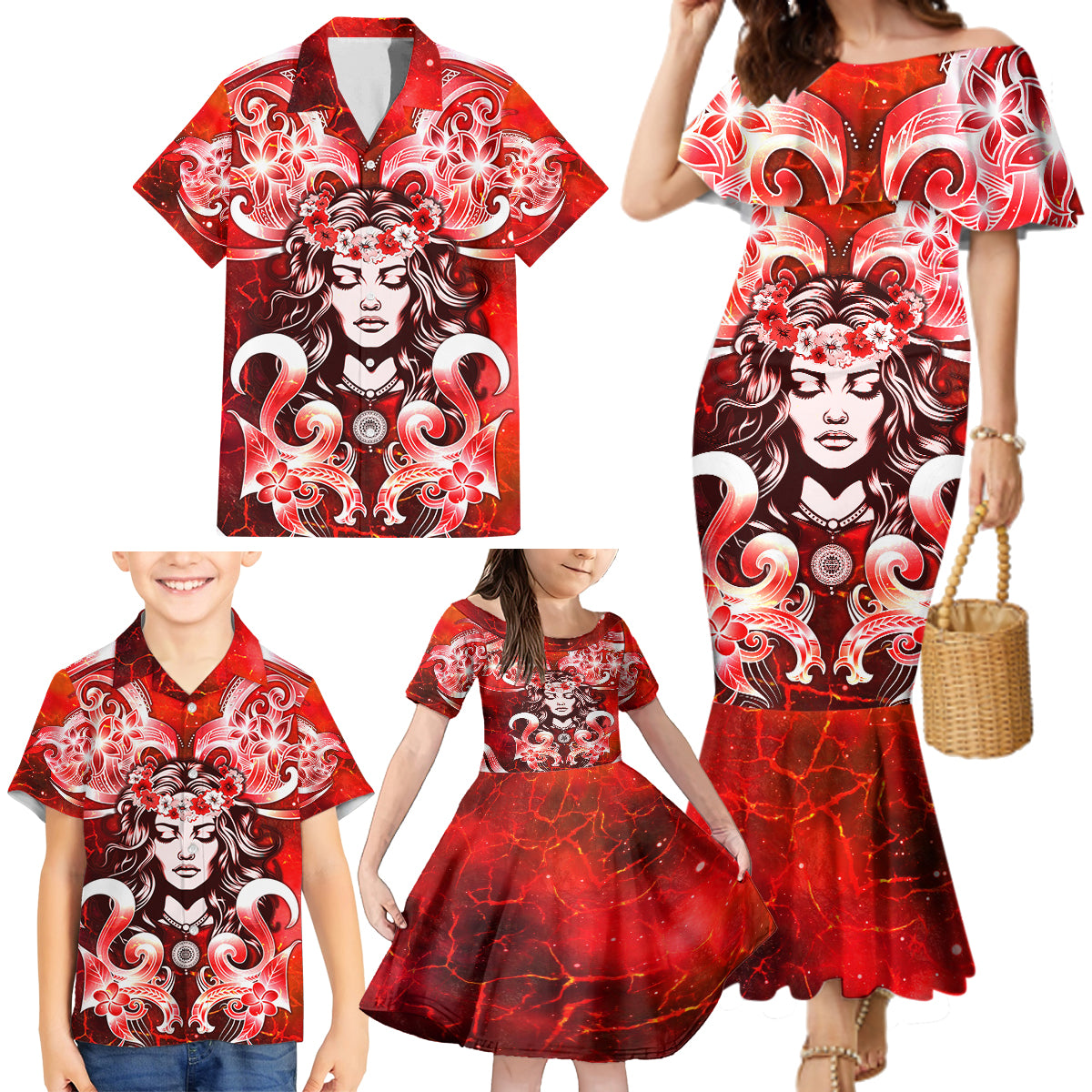 Hawaii Goddess Of Fire Madame Pele Family Matching Mermaid Dress and Hawaiian Shirt Polynesian Style LT05 - Polynesian Pride