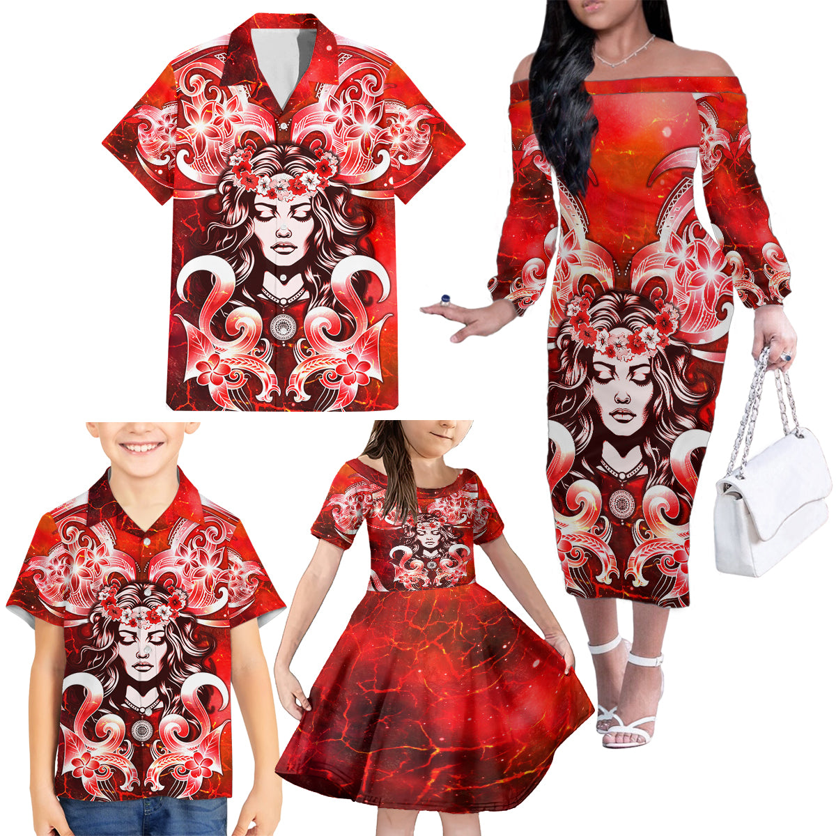 Hawaii Goddess Of Fire Madame Pele Family Matching Off Shoulder Long Sleeve Dress and Hawaiian Shirt Polynesian Style LT05 - Polynesian Pride