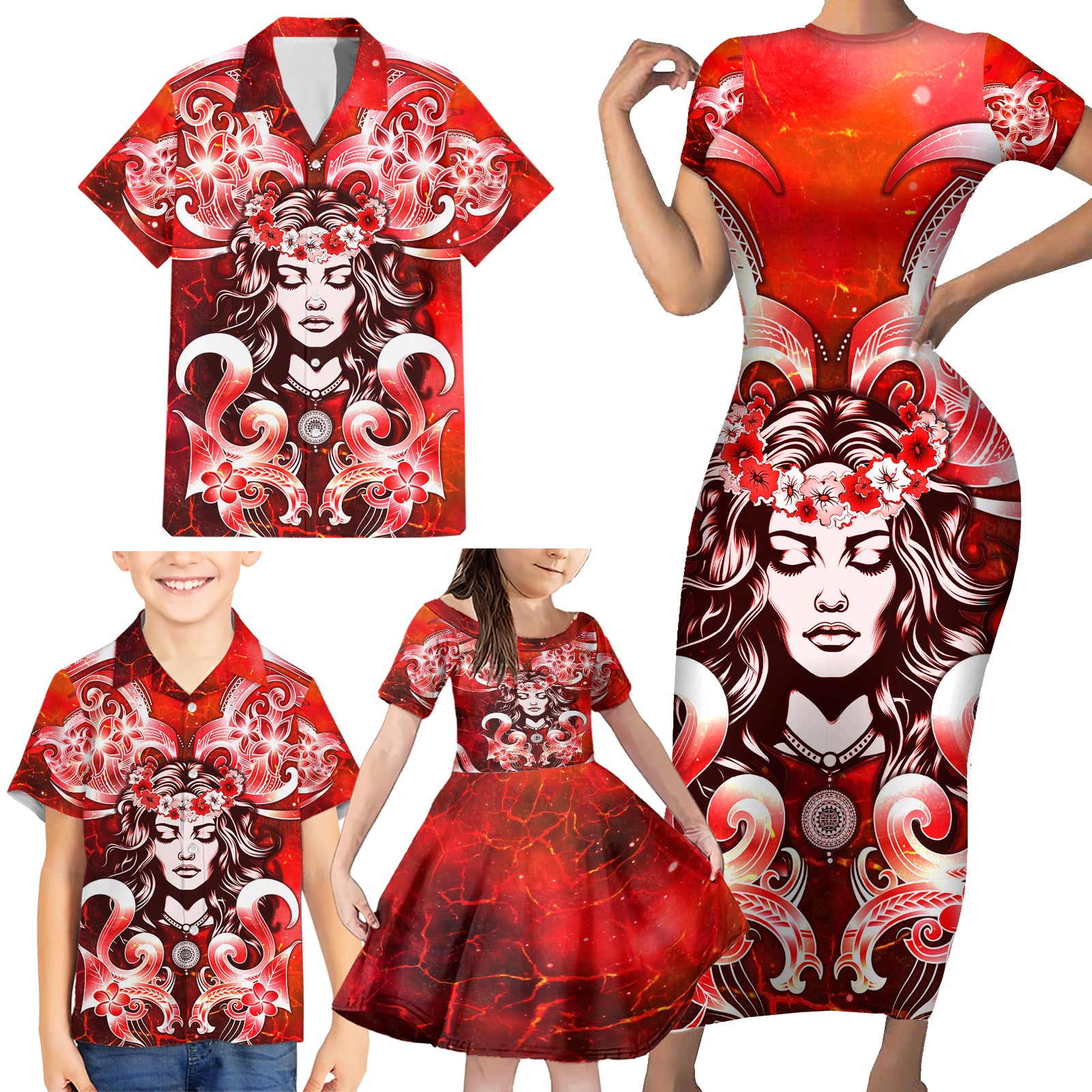 Hawaii Goddess Of Fire Madame Pele Family Matching Short Sleeve Bodycon Dress and Hawaiian Shirt Polynesian Style LT05 - Polynesian Pride