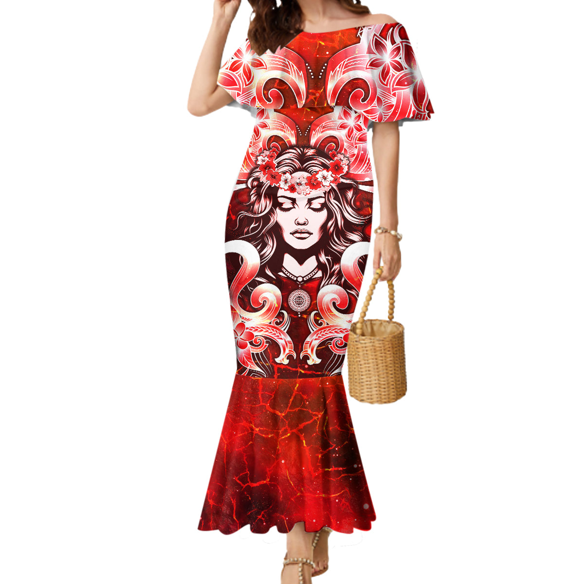 Hawaii Goddess Of Fire Madame Pele Mermaid Dress Polynesian Style LT05 Women Red - Polynesian Pride