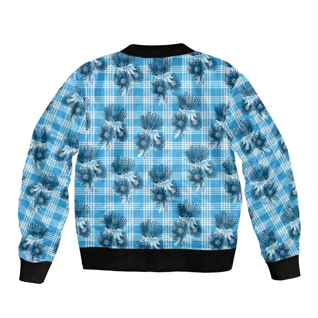 Blue Palaka Hawaii Bomber Jacket Hawaiian Lehua Blossoms LT05 - Polynesian Pride