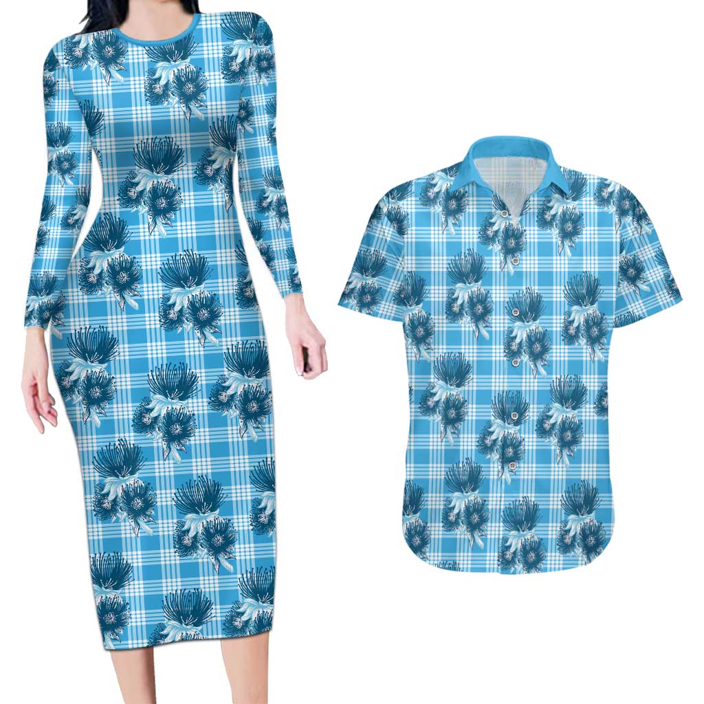 Blue Palaka Hawaii Couples Matching Long Sleeve Bodycon Dress and Hawaiian Shirt Hawaiian Lehua Blossoms
