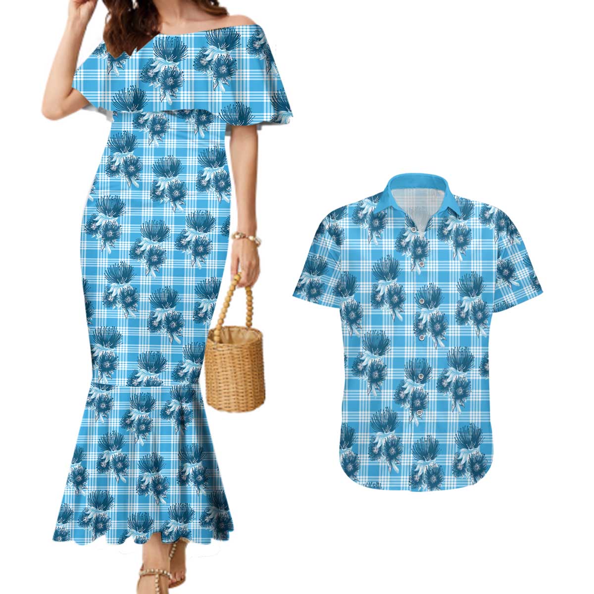 Blue Palaka Hawaii Couples Matching Mermaid Dress and Hawaiian Shirt Hawaiian Lehua Blossoms