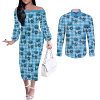 Blue Palaka Hawaii Couples Matching Off The Shoulder Long Sleeve Dress and Long Sleeve Button Shirt Hawaiian Lehua Blossoms