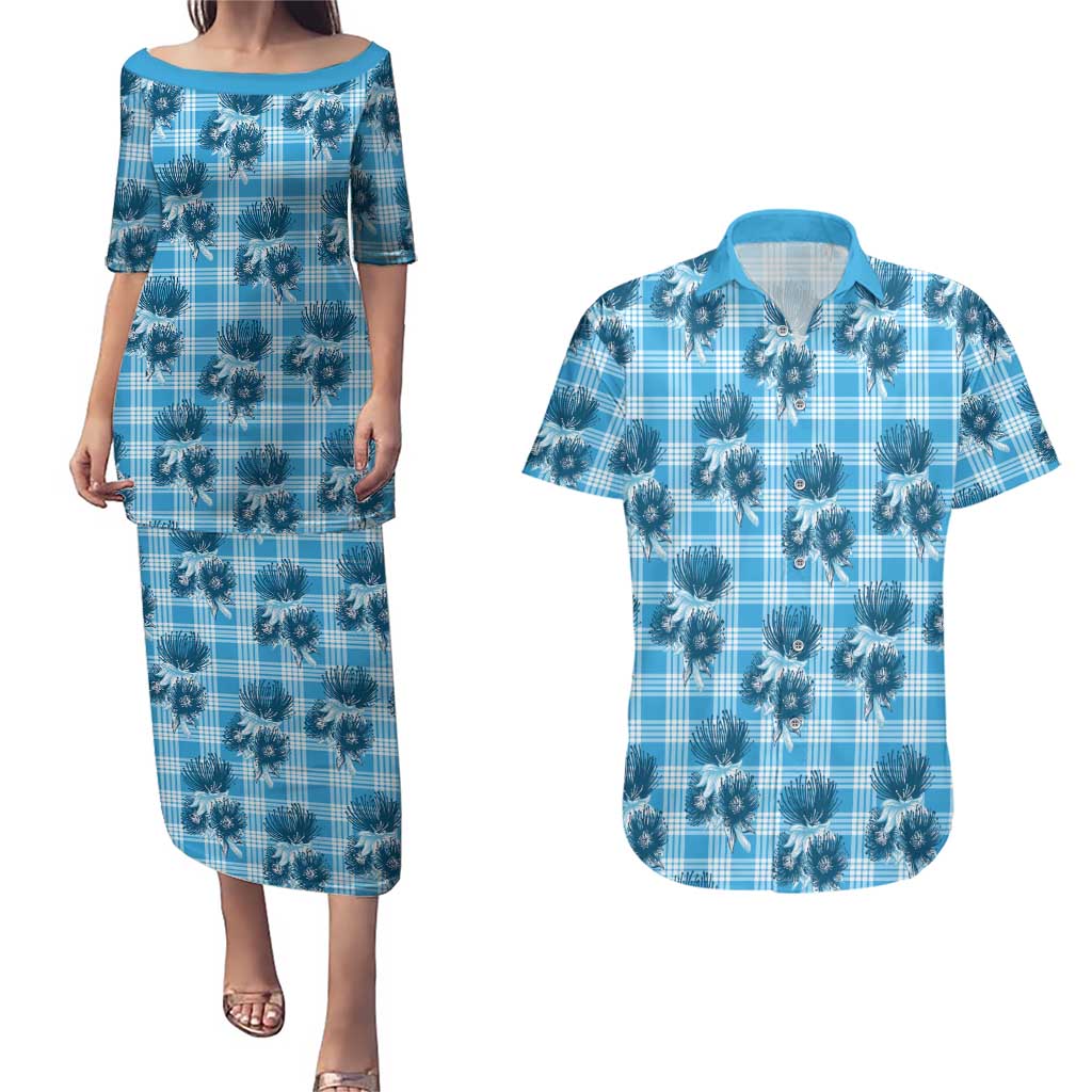 Blue Palaka Hawaii Couples Matching Puletasi and Hawaiian Shirt Hawaiian Lehua Blossoms LT05 Blue - Polynesian Pride
