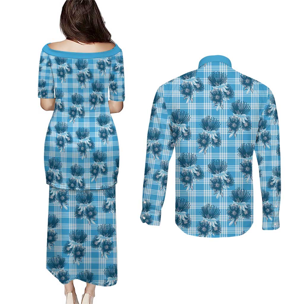 Blue Palaka Hawaii Couples Matching Puletasi and Long Sleeve Button Shirt Hawaiian Lehua Blossoms LT05 - Polynesian Pride