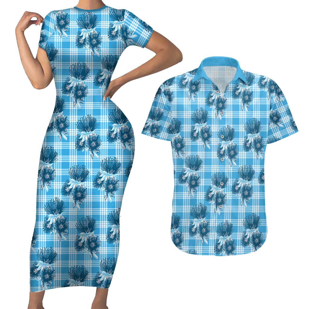 Blue Palaka Hawaii Couples Matching Short Sleeve Bodycon Dress and Hawaiian Shirt Hawaiian Lehua Blossoms LT05 Blue - Polynesian Pride