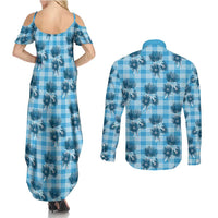 Blue Palaka Hawaii Couples Matching Summer Maxi Dress and Long Sleeve Button Shirt Hawaiian Lehua Blossoms LT05 - Polynesian Pride