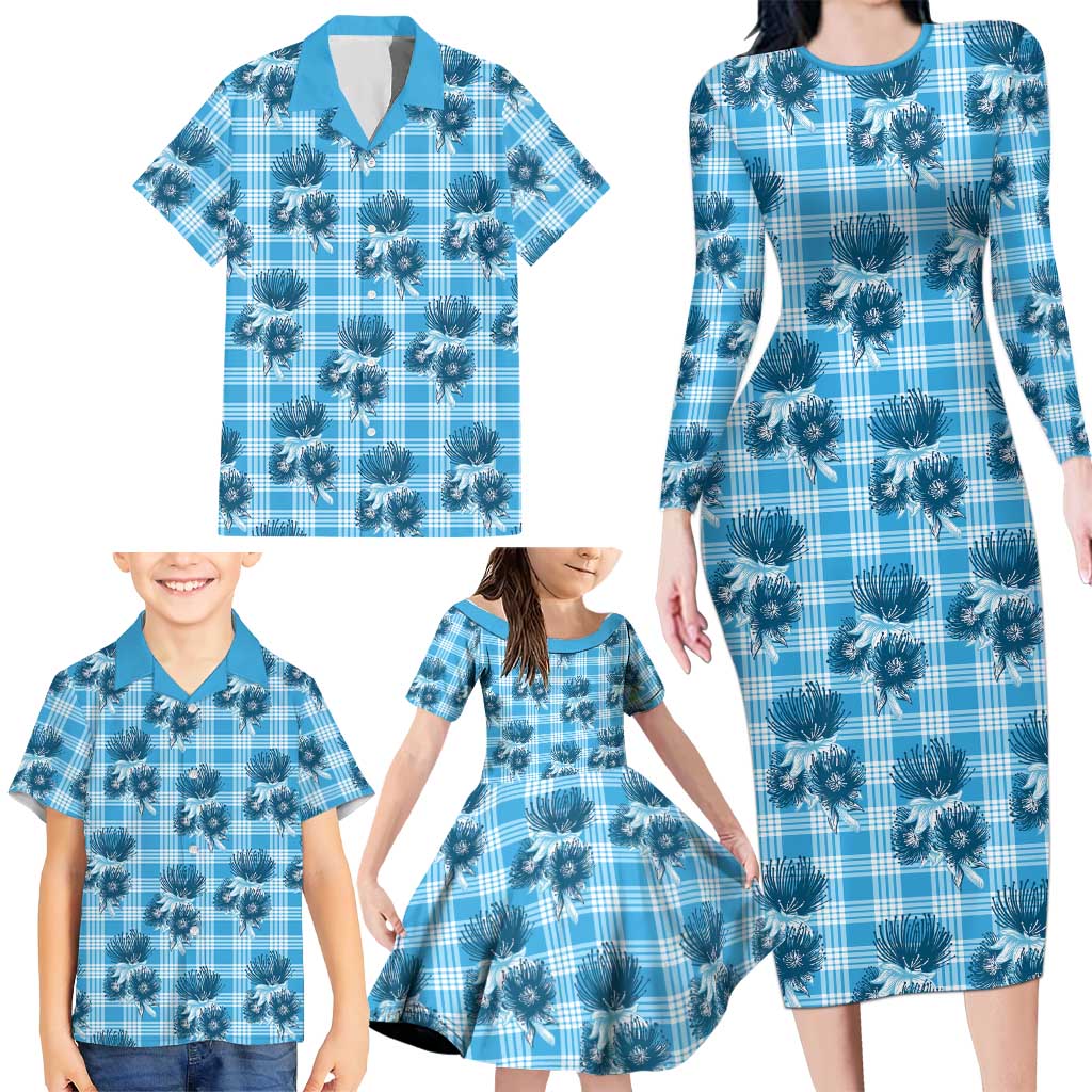 Blue Palaka Hawaii Family Matching Long Sleeve Bodycon Dress and Hawaiian Shirt Hawaiian Lehua Blossoms