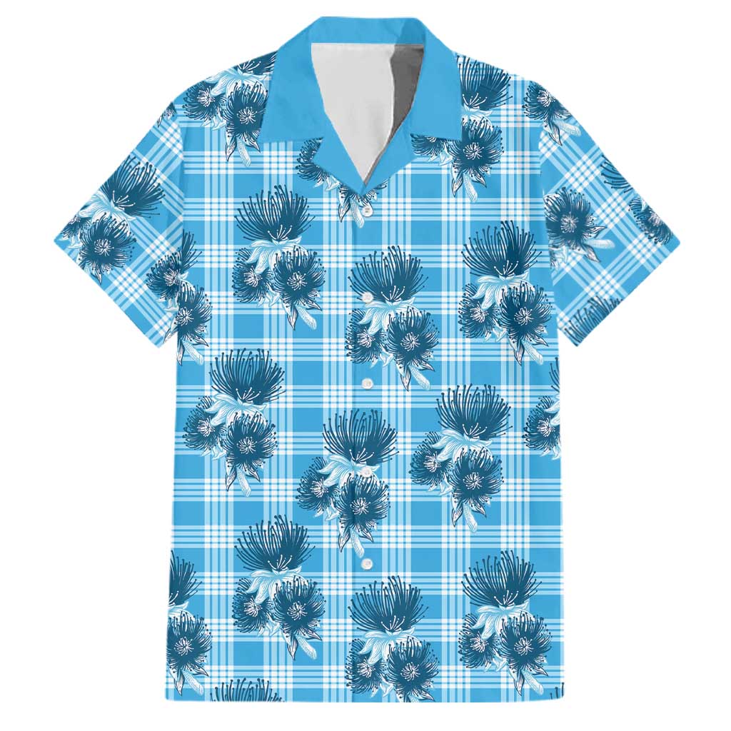 Blue Palaka Hawaii Family Matching Long Sleeve Bodycon Dress and Hawaiian Shirt Hawaiian Lehua Blossoms