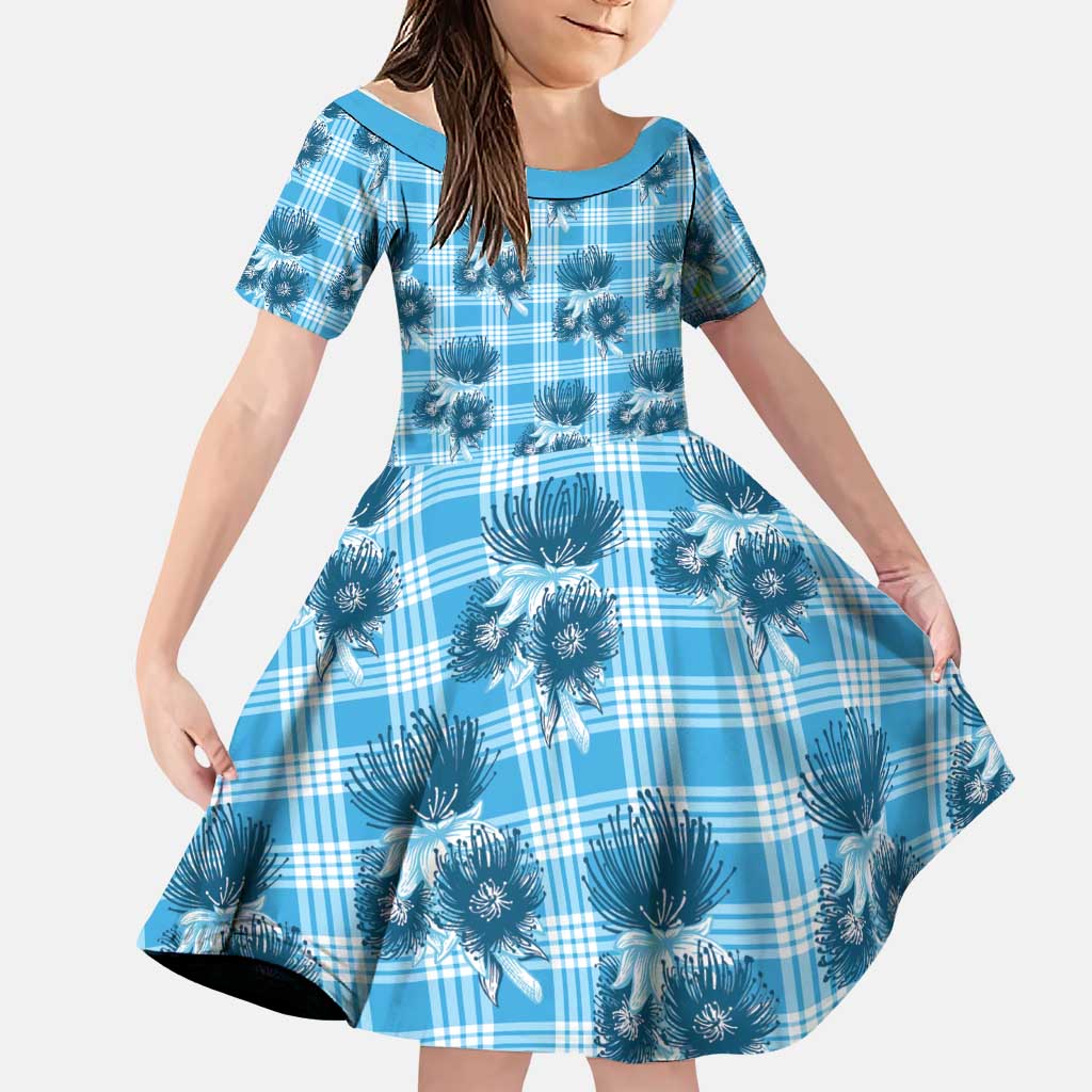 Blue Palaka Hawaii Family Matching Mermaid Dress and Hawaiian Shirt Hawaiian Lehua Blossoms