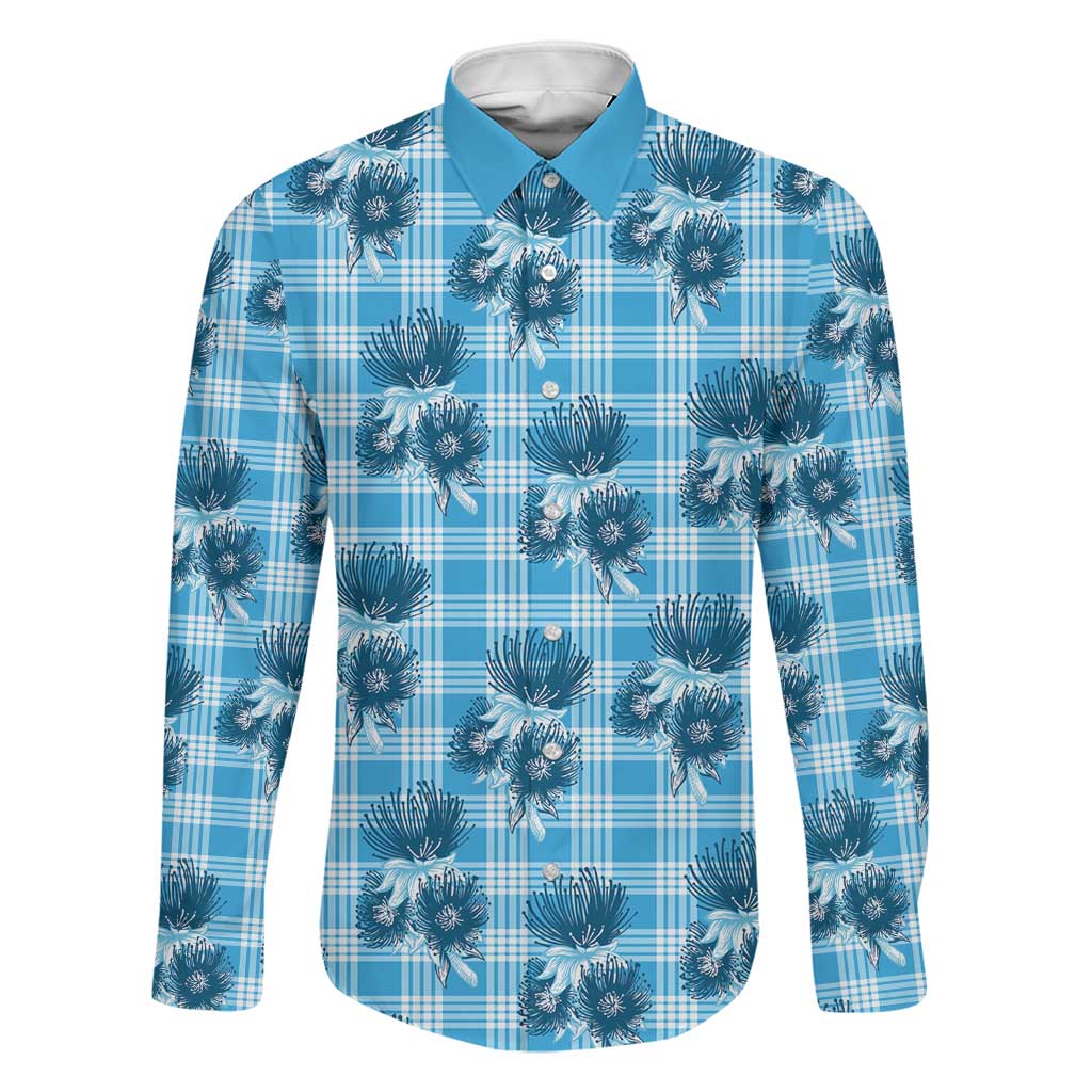 Blue Palaka Hawaii Family Matching Off The Shoulder Long Sleeve Dress and Hawaiian Shirt Hawaiian Lehua Blossoms