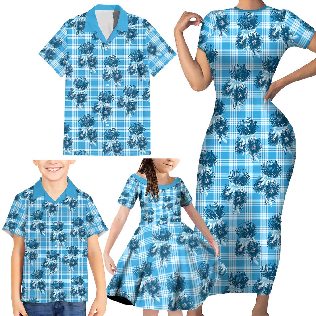 Blue Palaka Hawaii Family Matching Short Sleeve Bodycon Dress and Hawaiian Shirt Hawaiian Lehua Blossoms LT05 - Polynesian Pride