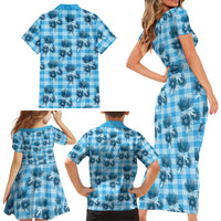 Blue Palaka Hawaii Family Matching Short Sleeve Bodycon Dress and Hawaiian Shirt Hawaiian Lehua Blossoms