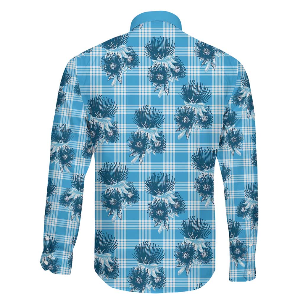 Blue Palaka Hawaii Family Matching Short Sleeve Bodycon Dress and Hawaiian Shirt Hawaiian Lehua Blossoms