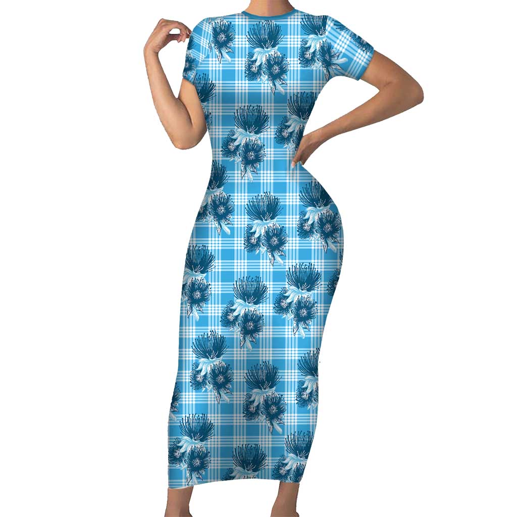 Blue Palaka Hawaii Family Matching Short Sleeve Bodycon Dress and Hawaiian Shirt Hawaiian Lehua Blossoms