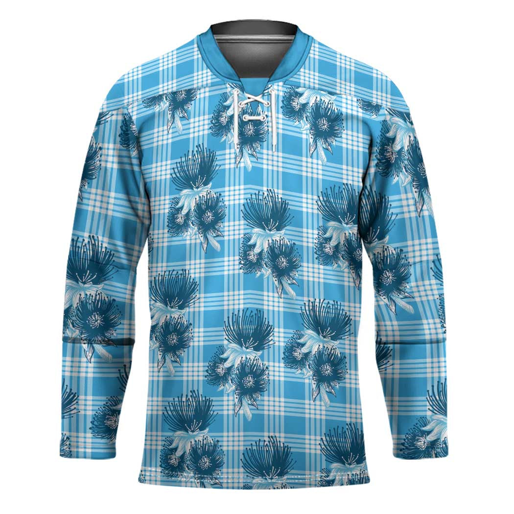 Blue Palaka Hawaii Hockey Jersey Hawaiian Lehua Blossoms LT05 Unisex Blue - Polynesian Pride
