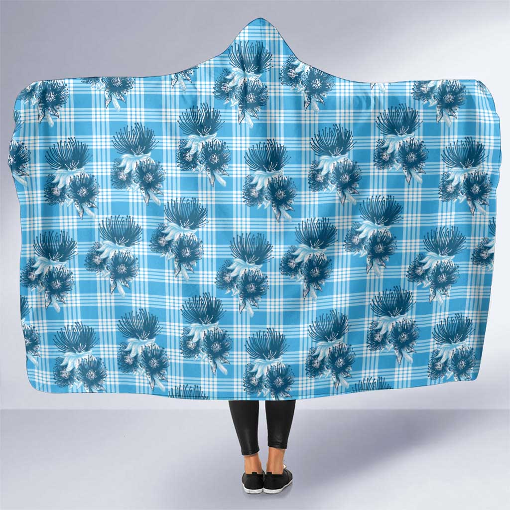 Blue Palaka Hawaii Hooded Blanket Hawaiian Lehua Blossoms LT05 One Size Blue - Polynesian Pride