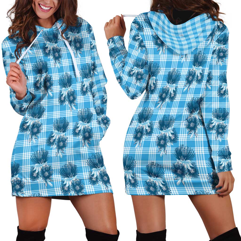 Blue Palaka Hawaii Hoodie Dress Hawaiian Lehua Blossoms