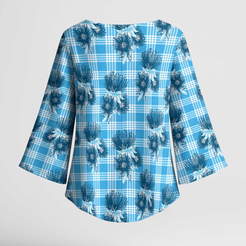 Blue Palaka Hawaii Kimono Sleeve Blouse Hawaiian Lehua Blossoms LT05 - Polynesian Pride