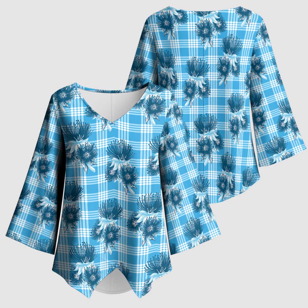 Blue Palaka Hawaii Kimono Sleeve Blouse Hawaiian Lehua Blossoms LT05 - Polynesian Pride