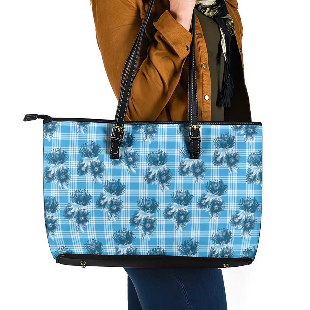 Blue Palaka Hawaii Leather Tote Bag Hawaiian Lehua Blossoms LT05 - Polynesian Pride