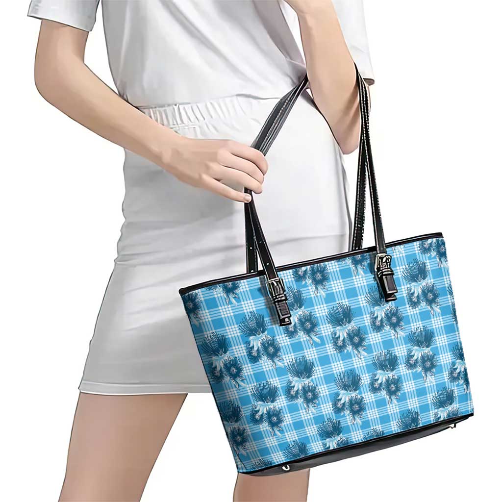 Blue Palaka Hawaii Leather Tote Bag Hawaiian Lehua Blossoms LT05 - Polynesian Pride