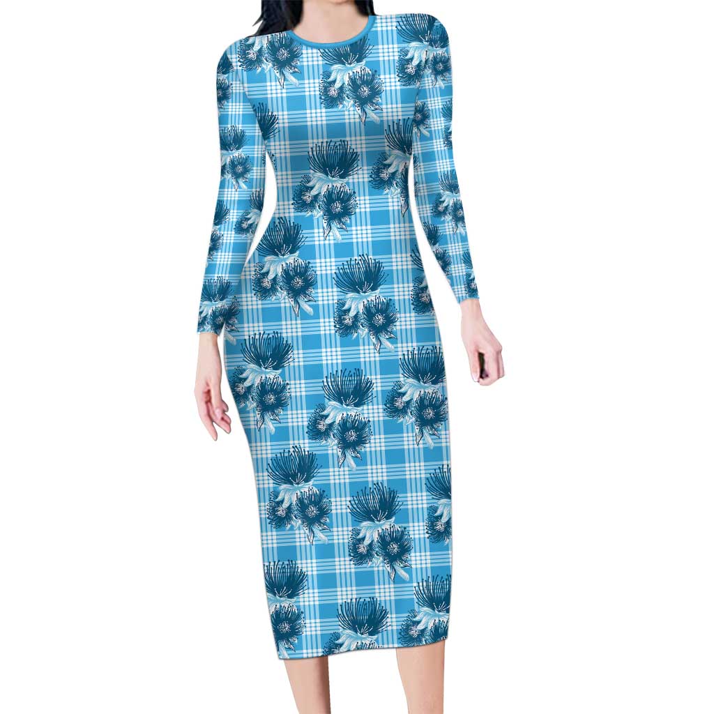 Blue Palaka Hawaii Long Sleeve Bodycon Dress Hawaiian Lehua Blossoms LT05 Long Dress Blue - Polynesian Pride