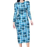 Blue Palaka Hawaii Long Sleeve Bodycon Dress Hawaiian Lehua Blossoms LT05 Long Dress Blue - Polynesian Pride