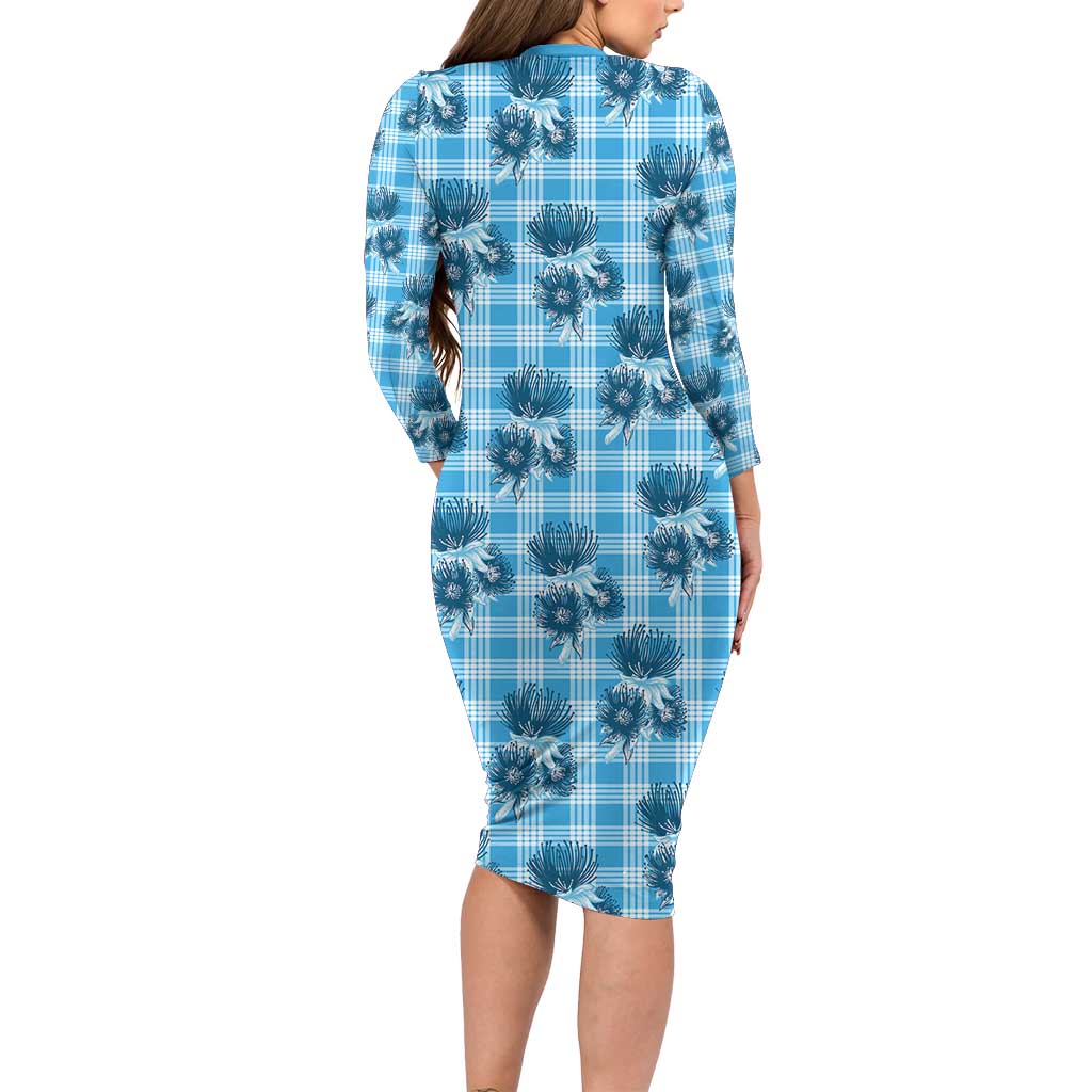 Blue Palaka Hawaii Long Sleeve Bodycon Dress Hawaiian Lehua Blossoms LT05 - Polynesian Pride