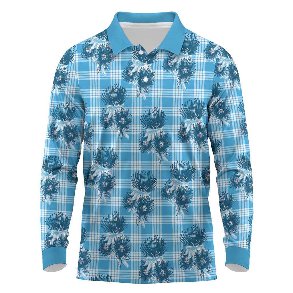 Blue Palaka Hawaii Long Sleeve Polo Shirt Hawaiian Lehua Blossoms LT05 Blue - Polynesian Pride