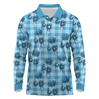 Blue Palaka Hawaii Long Sleeve Polo Shirt Hawaiian Lehua Blossoms LT05 Blue - Polynesian Pride
