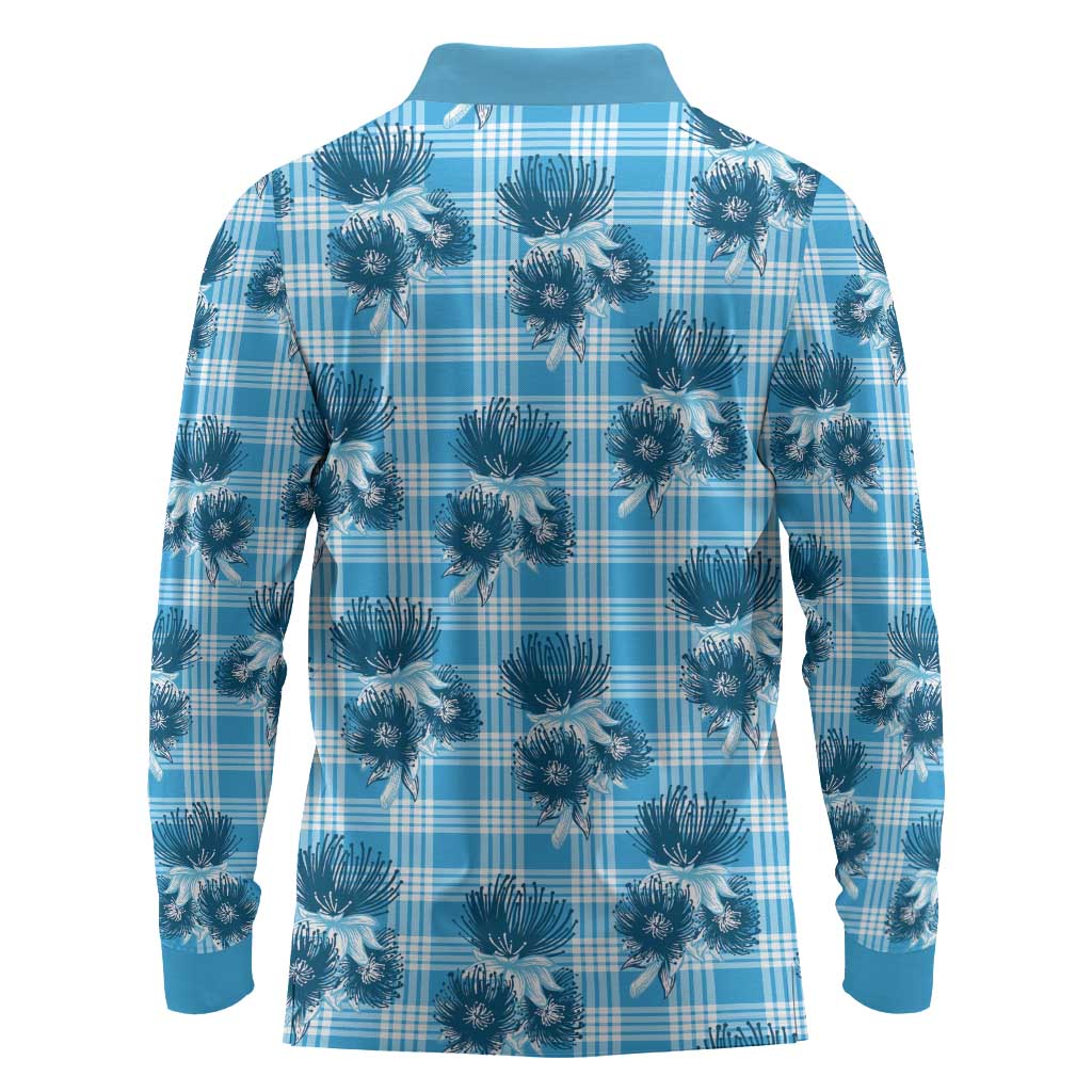 Blue Palaka Hawaii Long Sleeve Polo Shirt Hawaiian Lehua Blossoms LT05 - Polynesian Pride