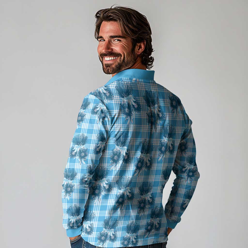 Blue Palaka Hawaii Long Sleeve Polo Shirt Hawaiian Lehua Blossoms LT05 - Polynesian Pride